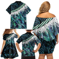 Turquoise Traditional Cloak Aotearoa Family Matching Off Shoulder Short Dress and Hawaiian Shirt Maori Paua Shell Korowai Pattern