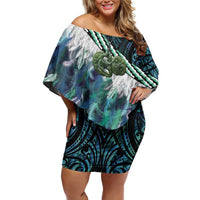 Turquoise Traditional Cloak Aotearoa Family Matching Off Shoulder Short Dress and Hawaiian Shirt Maori Paua Shell Korowai Pattern
