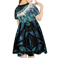 Turquoise Traditional Cloak Aotearoa Kid Short Sleeve Dress Maori Paua Shell Korowai Pattern LT14 - Polynesian Pride