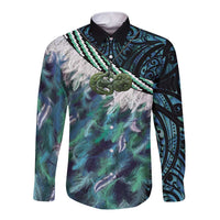 Turquoise Traditional Cloak Aotearoa Long Sleeve Button Shirt Maori Paua Shell Korowai Pattern LT14 Unisex Turquoise - Polynesian Pride