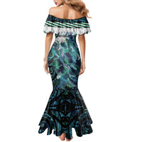 Turquoise Traditional Cloak Aotearoa Mermaid Dress Maori Paua Shell Korowai Pattern