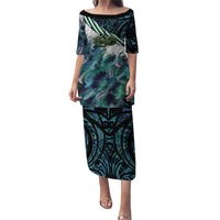 Turquoise Traditional Cloak Aotearoa Puletasi Maori Paua Shell Korowai Pattern LT14 Long Dress Turquoise - Polynesian Pride