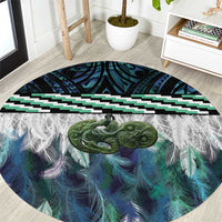 Turquoise Traditional Cloak Aotearoa Round Carpet Maori Paua Shell Korowai Pattern