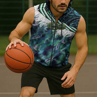 Turquoise Traditional Cloak Aotearoa Sleeveless Zip Hoodie Maori Paua Shell Korowai Pattern LT14 - Polynesian Pride