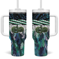 Turquoise Traditional Cloak Aotearoa Tumbler With Handle Maori Paua Shell Korowai Pattern