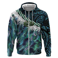 Turquoise Traditional Cloak Aotearoa Zip Hoodie Maori Paua Shell Korowai Pattern