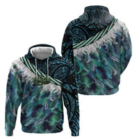 Turquoise Traditional Cloak Aotearoa Zip Hoodie Maori Paua Shell Korowai Pattern