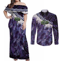 Purple Traditional Cloak Aotearoa Couples Matching Off Shoulder Maxi Dress and Long Sleeve Button Shirt Maori Paua Shell Korowai Pattern