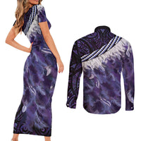 Purple Traditional Cloak Aotearoa Couples Matching Short Sleeve Bodycon Dress and Long Sleeve Button Shirt Maori Paua Shell Korowai Pattern