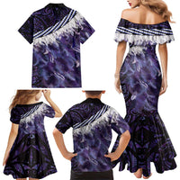 Purple Traditional Cloak Aotearoa Family Matching Mermaid Dress and Hawaiian Shirt Maori Paua Shell Korowai Pattern