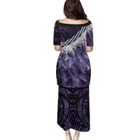 Purple Traditional Cloak Aotearoa Family Matching Puletasi and Hawaiian Shirt Maori Paua Shell Korowai Pattern