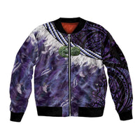 Purple Traditional Cloak Aotearoa Sleeve Zip Bomber Jacket Maori Paua Shell Korowai Pattern