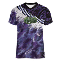 Purple Traditional Cloak Aotearoa Women V-Neck T-Shirt Maori Paua Shell Korowai Pattern