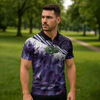 Purple Traditional Cloak Aotearoa Zipper Polo Shirt Maori Paua Shell Korowai Pattern - Polynesian Pride