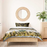 Yellow Traditional Cloak Aotearoa Bedding Set Maori Paua Shell Korowai Pattern