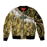 Yellow Traditional Cloak Aotearoa Bomber Jacket Maori Paua Shell Korowai Pattern