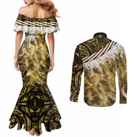 Yellow Traditional Cloak Aotearoa Couples Matching Mermaid Dress and Long Sleeve Button Shirt Maori Paua Shell Korowai Pattern