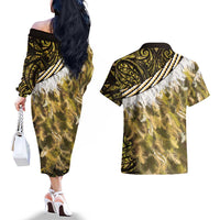 Yellow Traditional Cloak Aotearoa Couples Matching Off The Shoulder Long Sleeve Dress and Hawaiian Shirt Maori Paua Shell Korowai Pattern