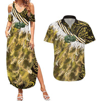 Yellow Traditional Cloak Aotearoa Couples Matching Summer Maxi Dress and Hawaiian Shirt Maori Paua Shell Korowai Pattern LT14 Yellow - Polynesian Pride
