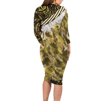 Yellow Traditional Cloak Aotearoa Family Matching Long Sleeve Bodycon Dress and Hawaiian Shirt Maori Paua Shell Korowai Pattern