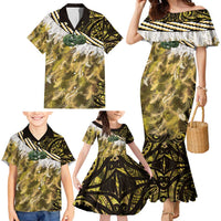 Yellow Traditional Cloak Aotearoa Family Matching Mermaid Dress and Hawaiian Shirt Maori Paua Shell Korowai Pattern