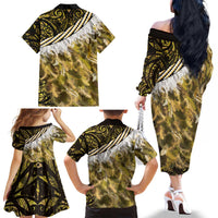 Yellow Traditional Cloak Aotearoa Family Matching Off The Shoulder Long Sleeve Dress and Hawaiian Shirt Maori Paua Shell Korowai Pattern