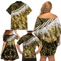 Yellow Traditional Cloak Aotearoa Family Matching Off Shoulder Short Dress and Hawaiian Shirt Maori Paua Shell Korowai Pattern