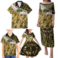 Yellow Traditional Cloak Aotearoa Family Matching Puletasi and Hawaiian Shirt Maori Paua Shell Korowai Pattern