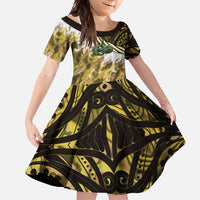 Yellow Traditional Cloak Aotearoa Family Matching Short Sleeve Bodycon Dress and Hawaiian Shirt Maori Paua Shell Korowai Pattern