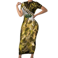 Yellow Traditional Cloak Aotearoa Family Matching Short Sleeve Bodycon Dress and Hawaiian Shirt Maori Paua Shell Korowai Pattern