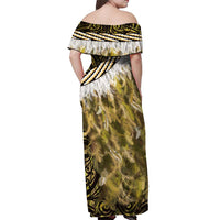 Yellow Traditional Cloak Aotearoa Off Shoulder Maxi Dress Maori Paua Shell Korowai Pattern LT14 - Polynesian Pride