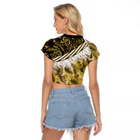 Yellow Traditional Cloak Aotearoa Raglan Cropped T Shirt Maori Paua Shell Korowai Pattern LT14 - Polynesian Pride