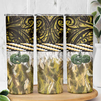 Yellow Traditional Cloak Aotearoa Skinny Tumbler Maori Paua Shell Korowai Pattern