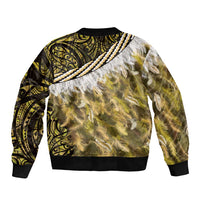 Yellow Traditional Cloak Aotearoa Sleeve Zip Bomber Jacket Maori Paua Shell Korowai Pattern