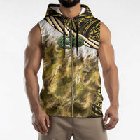 Yellow Traditional Cloak Aotearoa Sleeveless Zip Hoodie Maori Paua Shell Korowai Pattern - Polynesian Pride
