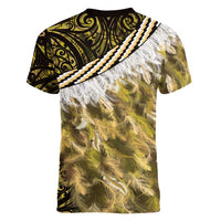 Yellow Traditional Cloak Aotearoa Women V-Neck T-Shirt Maori Paua Shell Korowai Pattern