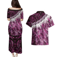Pink Traditional Cloak Aotearoa Couples Matching Puletasi and Hawaiian Shirt Maori Paua Shell Korowai Pattern LT14 - Polynesian Pride