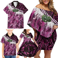 Pink Traditional Cloak Aotearoa Family Matching Off Shoulder Short Dress and Hawaiian Shirt Maori Paua Shell Korowai Pattern