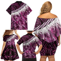 Pink Traditional Cloak Aotearoa Family Matching Off Shoulder Short Dress and Hawaiian Shirt Maori Paua Shell Korowai Pattern