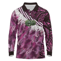 Pink Traditional Cloak Aotearoa Long Sleeve Polo Shirt Maori Paua Shell Korowai Pattern