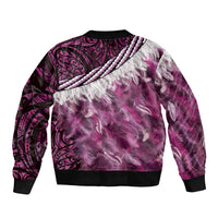 Pink Traditional Cloak Aotearoa Sleeve Zip Bomber Jacket Maori Paua Shell Korowai Pattern