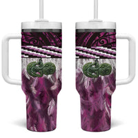 Pink Traditional Cloak Aotearoa Tumbler With Handle Maori Paua Shell Korowai Pattern