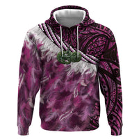 Pink Traditional Cloak Aotearoa Zip Hoodie Maori Paua Shell Korowai Pattern
