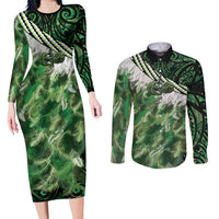 Green Traditional Cloak Aotearoa Couples Matching Long Sleeve Bodycon Dress and Long Sleeve Button Shirt Maori Paua Shell Korowai Pattern