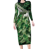 Green Traditional Cloak Aotearoa Family Matching Long Sleeve Bodycon Dress and Hawaiian Shirt Maori Paua Shell Korowai Pattern