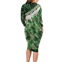 Green Traditional Cloak Aotearoa Family Matching Long Sleeve Bodycon Dress and Hawaiian Shirt Maori Paua Shell Korowai Pattern