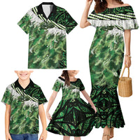 Green Traditional Cloak Aotearoa Family Matching Mermaid Dress and Hawaiian Shirt Maori Paua Shell Korowai Pattern