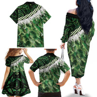 Green Traditional Cloak Aotearoa Family Matching Off The Shoulder Long Sleeve Dress and Hawaiian Shirt Maori Paua Shell Korowai Pattern