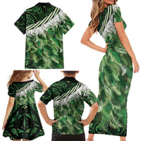 Green Traditional Cloak Aotearoa Family Matching Short Sleeve Bodycon Dress and Hawaiian Shirt Maori Paua Shell Korowai Pattern
