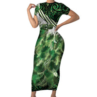 Green Traditional Cloak Aotearoa Family Matching Short Sleeve Bodycon Dress and Hawaiian Shirt Maori Paua Shell Korowai Pattern
